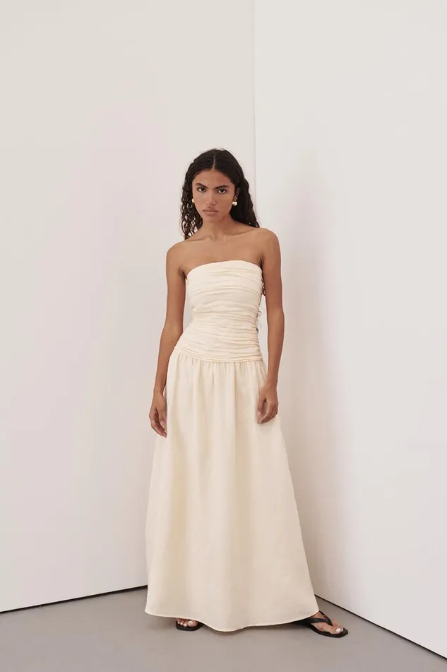 DISSH Midi Dresses CATANIA CREAM LINEN STRAPLESS DRESS 8211 Women