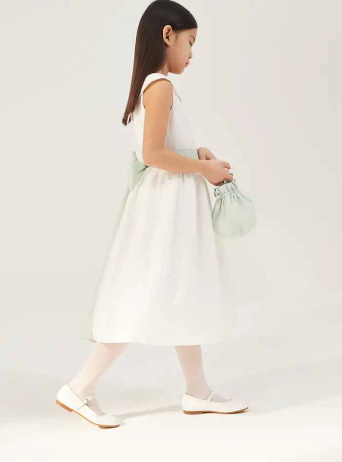Dresses Girl 216 Il Gufo Dress In Linen Shantung With Green Belt