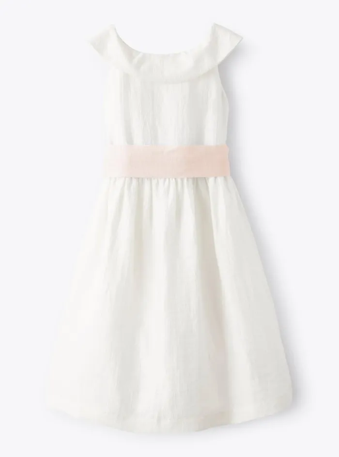 Dresses Girl 216 Il Gufo Dress In Linen Shantung With Pink Belt