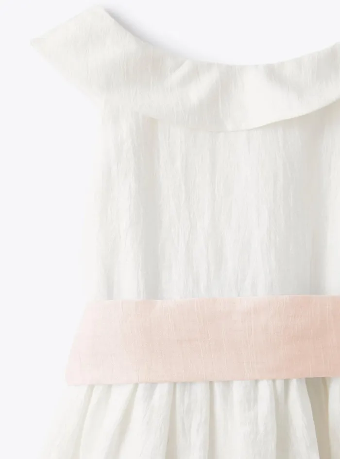 Dresses Girl 216 Il Gufo Dress In Linen Shantung With Pink Belt