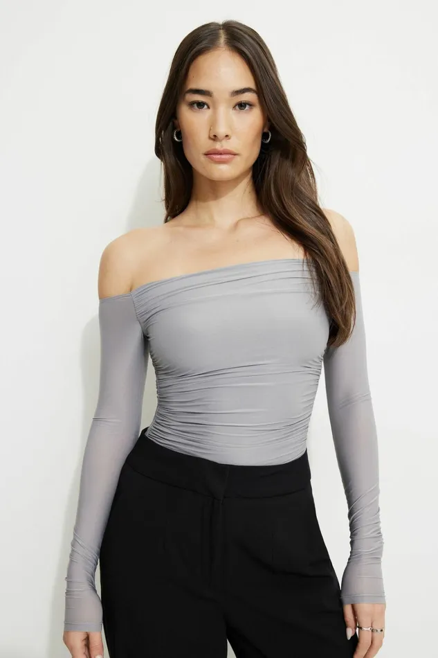 Dynamite Bodysuits Women Ruched Off Shoulder Jersey Bodysuit Gray
