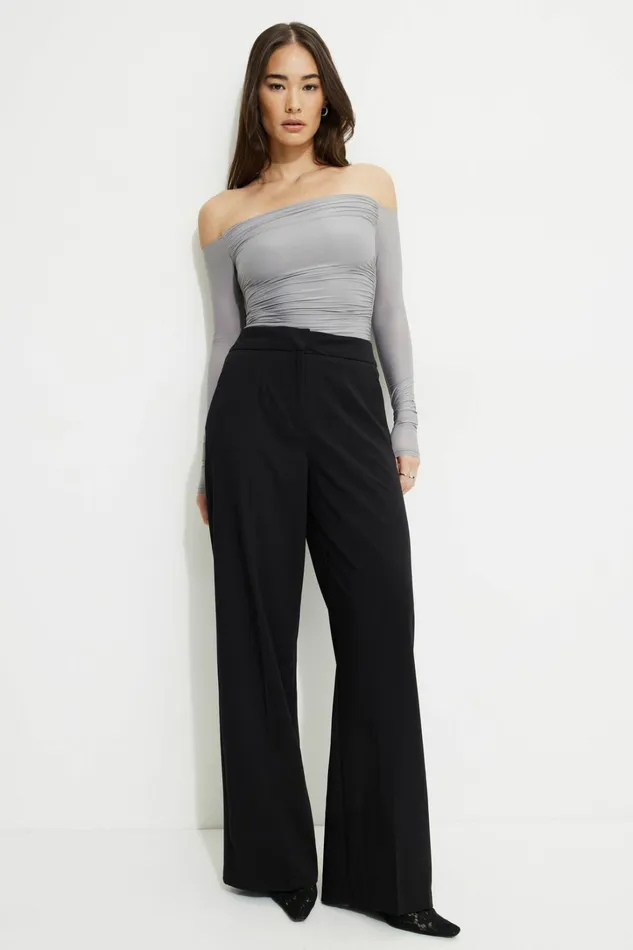Dynamite Bodysuits Women Ruched Off Shoulder Jersey Bodysuit Gray