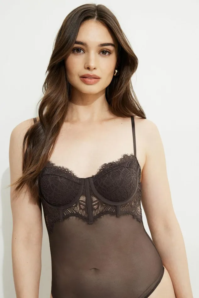 Dynamite Bodysuits Women Sheer Lace Bustier Bodysuit Brown