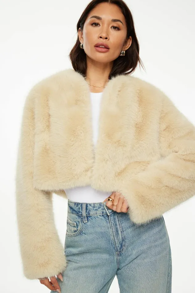 Dynamite Coats and Jackets Women Faux Fur Cropped Jacket Beige