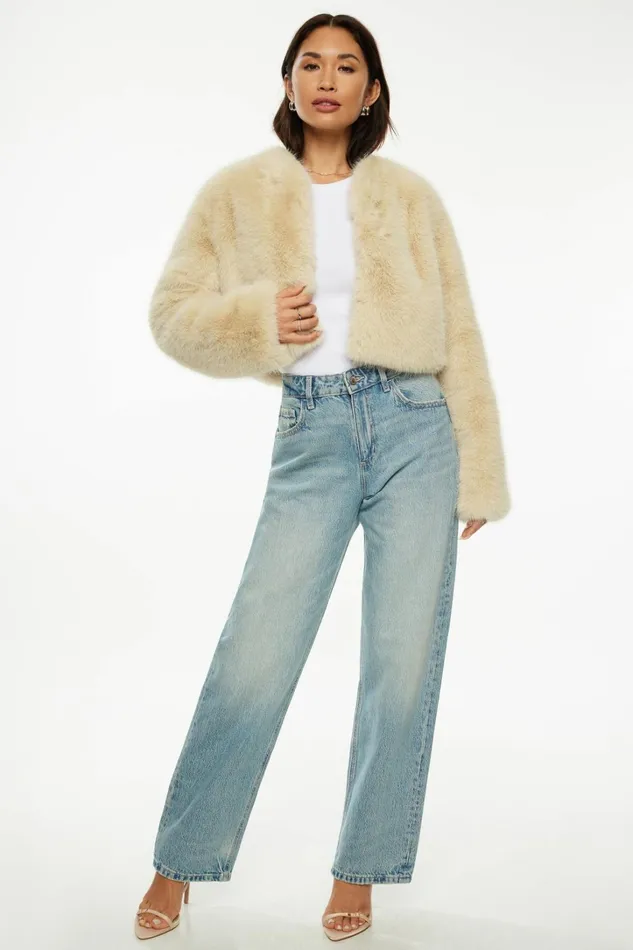Dynamite Coats and Jackets Women Faux Fur Cropped Jacket Beige