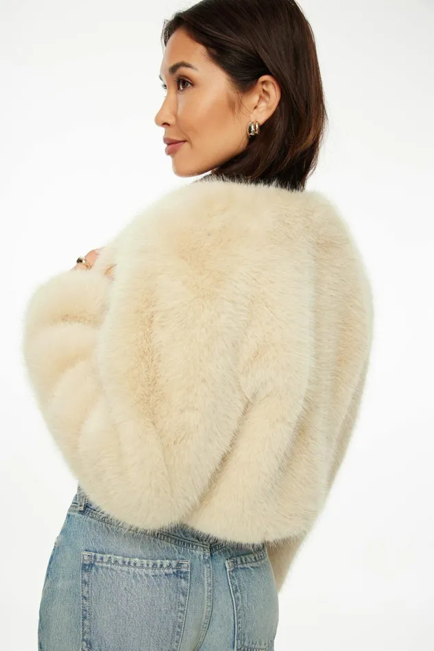 Dynamite Coats and Jackets Women Faux Fur Cropped Jacket Beige