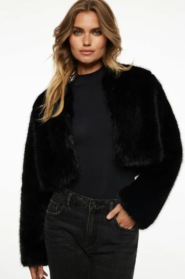 Dynamite Coats and Jackets Women Faux Fur Cropped Jacket Black