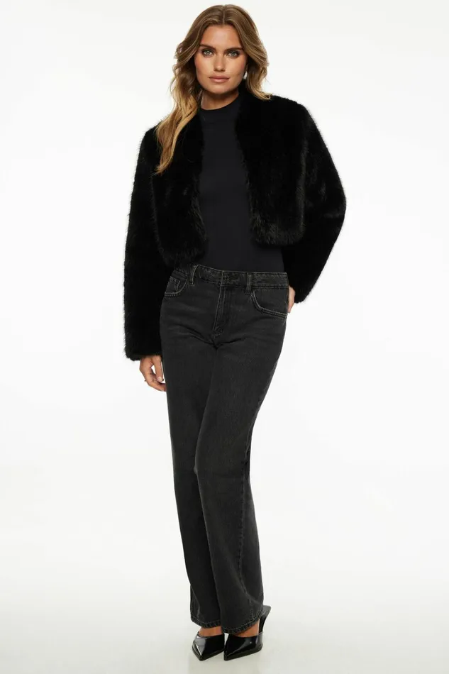 Dynamite Coats and Jackets Women Faux Fur Cropped Jacket Black