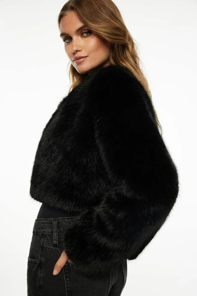 Dynamite Coats and Jackets Women Faux Fur Cropped Jacket Black