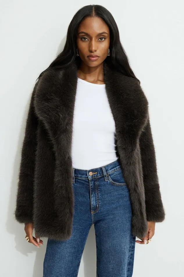 Dynamite Coats and Jackets Women Faux Fur Midi Jacket Brown