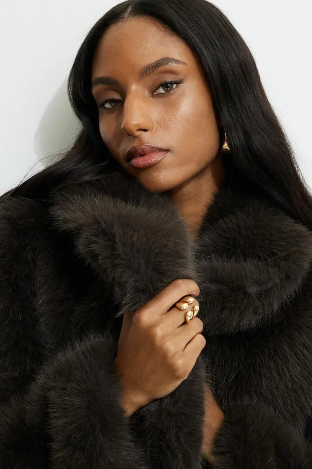 Dynamite Coats and Jackets Women Faux Fur Midi Jacket Brown