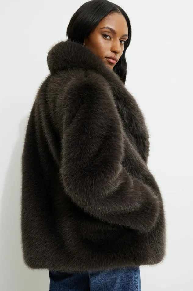 Dynamite Coats and Jackets Women Faux Fur Midi Jacket Brown
