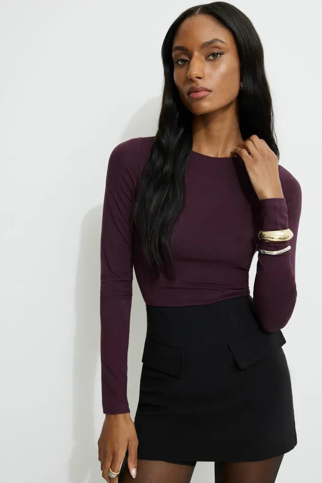 Dynamite Tops Women Kyla Jersey Long Sleeve TShirt Burgundy
