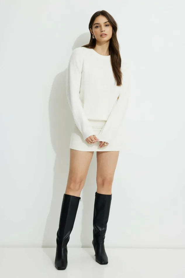 Dynamite Tops Women Raglan Crewneck Sweater White