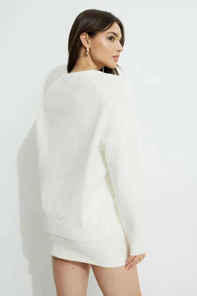 Dynamite Tops Women Raglan Crewneck Sweater White