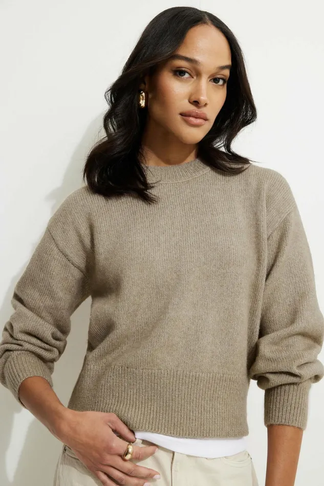 Dynamite Tops Women Relaxed Crewneck Sweater Brown