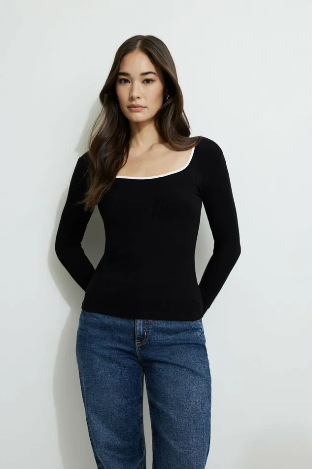 Dynamite Tops Women Ribbed Contrast Long Sleeve TShirt Black