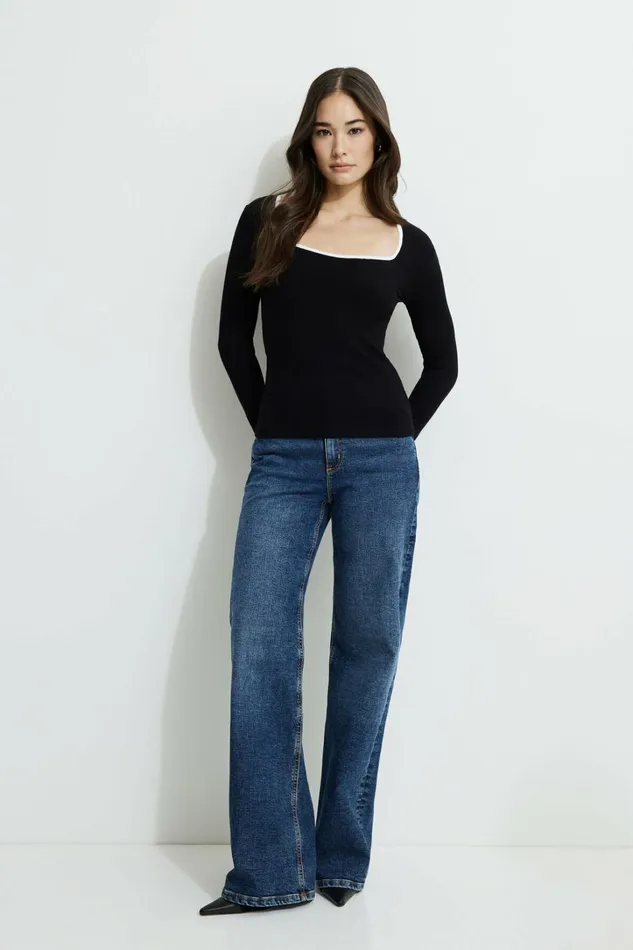 Dynamite Tops Women Ribbed Contrast Long Sleeve TShirt Black