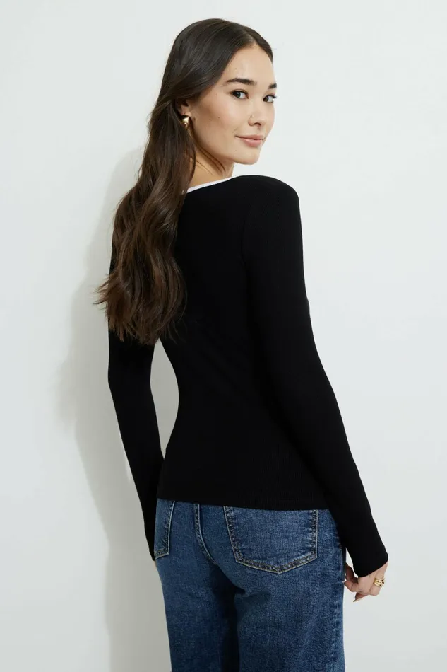 Dynamite Tops Women Ribbed Contrast Long Sleeve TShirt Black
