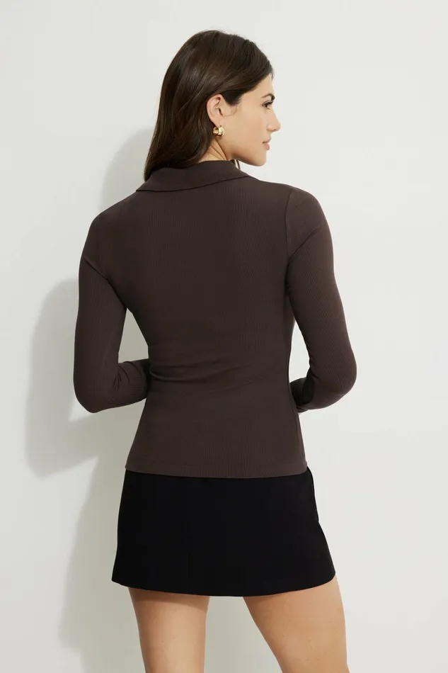 Dynamite Tops Women Ribbed Long Sleeve Polo Brown