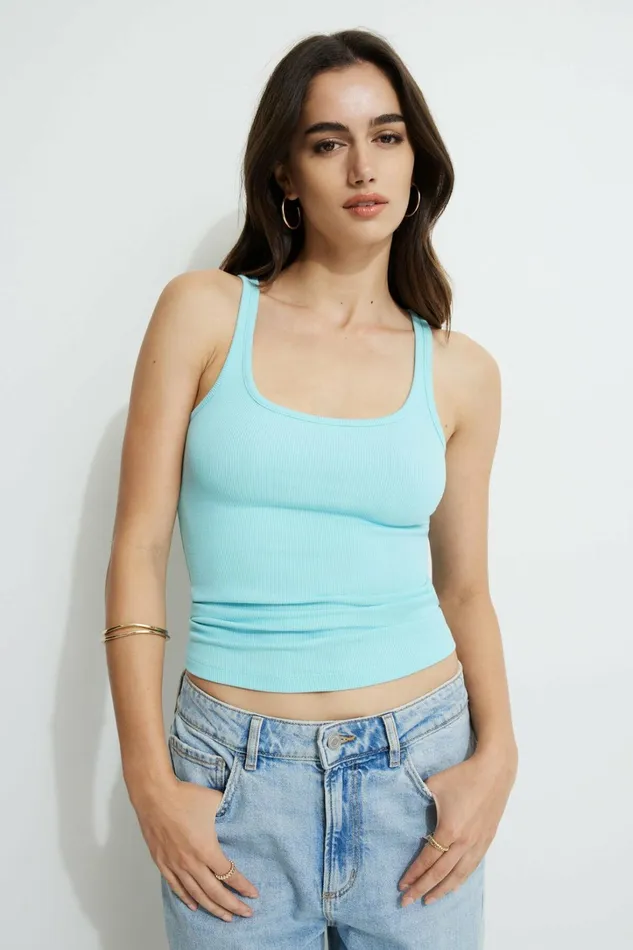 Dynamite Tops Women Ribbed Scoop Neck Tank Top Blue