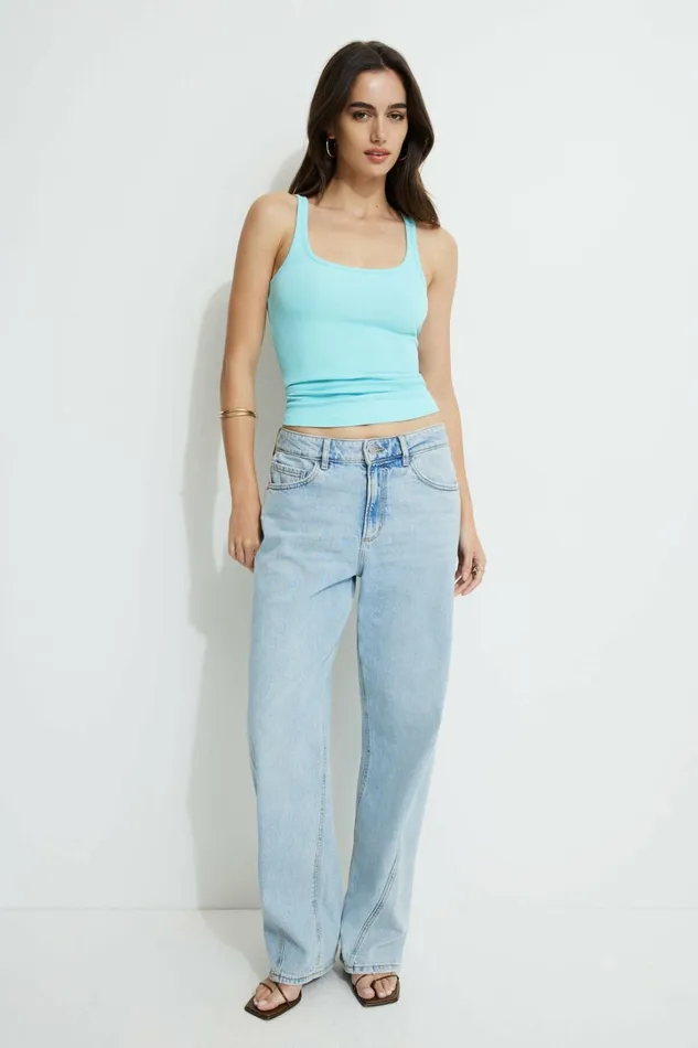 Dynamite Tops Women Ribbed Scoop Neck Tank Top Blue