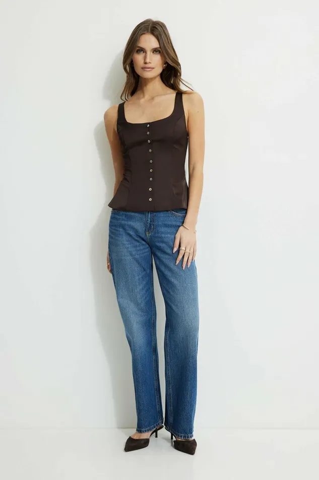 Dynamite Tops Women Satin Flyaway Tank Top Brown