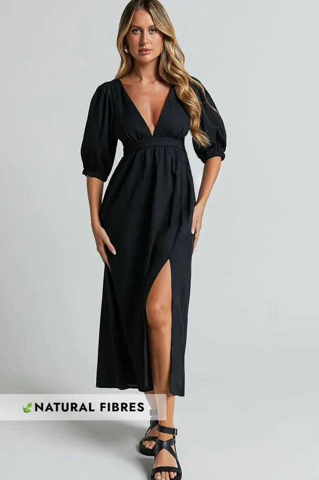 Eidie Midi Dress 8211 Linen Look Puff Sleeve Open Tie Back Flare Dress In Black Women Showpo Maternity Clothes Eidie Midi Dress 8211 Linen Look Puff Sleeve Open Tie Back Flare Dress In Black Women Showpo Maternity Clothes