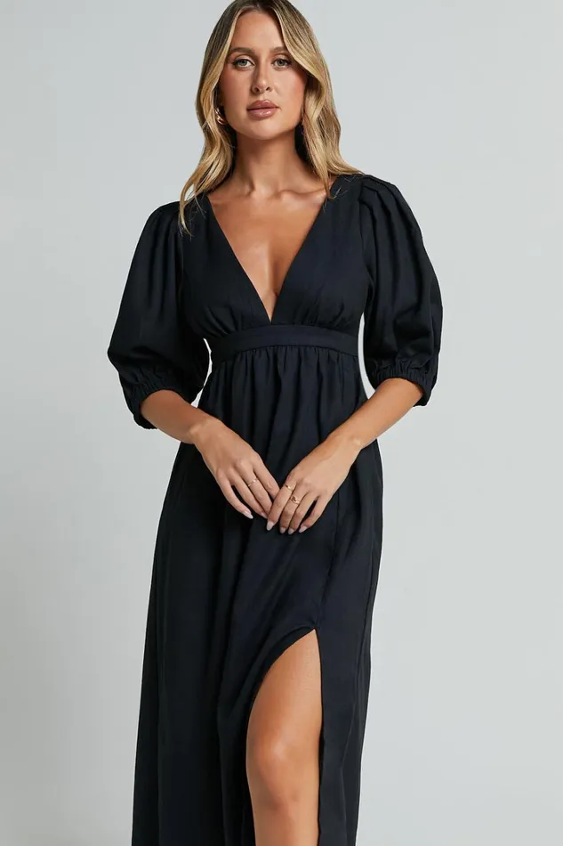 Eidie Midi Dress 8211 Linen Look Puff Sleeve Open Tie Back Flare Dress In Black Women Showpo Maternity Clothes