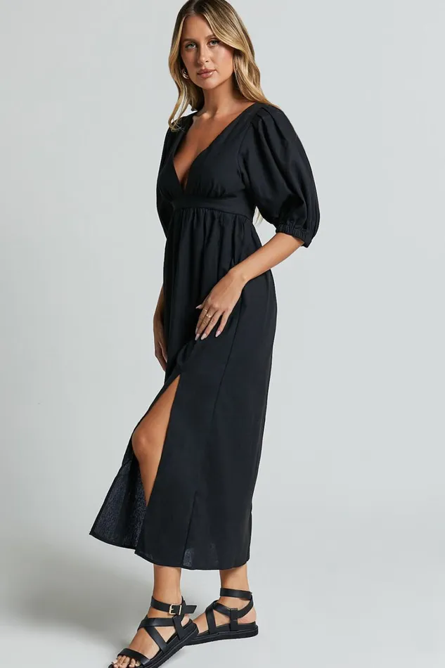Eidie Midi Dress 8211 Linen Look Puff Sleeve Open Tie Back Flare Dress In Black Women Showpo Maternity Clothes