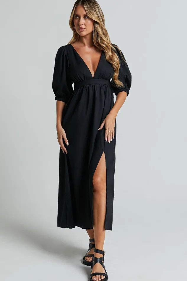 Eidie Midi Dress 8211 Linen Look Puff Sleeve Open Tie Back Flare Dress In Black Women Showpo Maternity Clothes