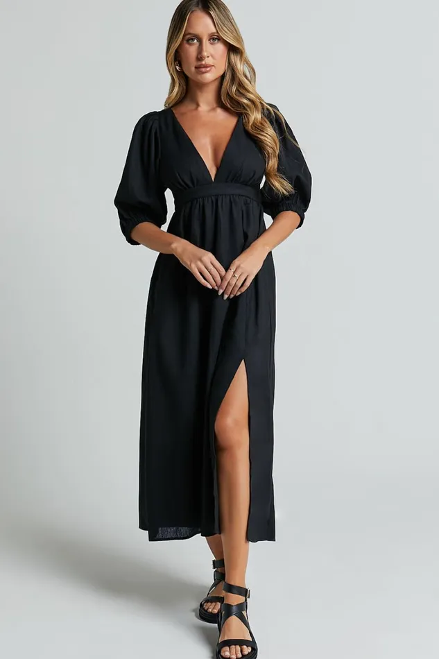 Eidie Midi Dress 8211 Linen Look Puff Sleeve Open Tie Back Flare Dress In Black Women Showpo Maternity Clothes