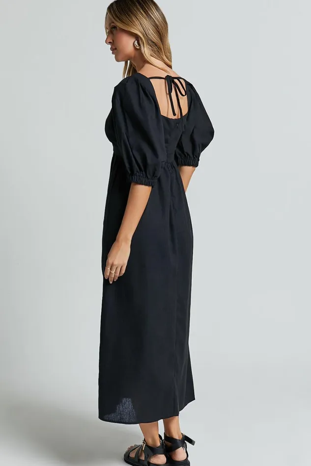 Eidie Midi Dress 8211 Linen Look Puff Sleeve Open Tie Back Flare Dress In Black Women Showpo Maternity Clothes