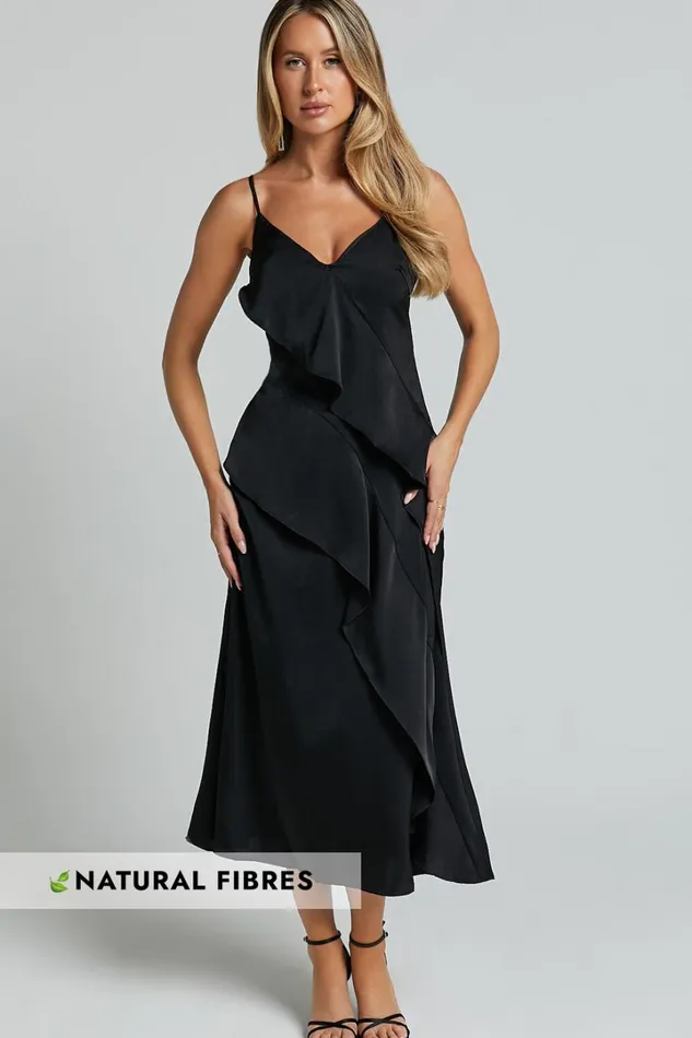 Eileen Midi Dress 8211 V Neck Soft Ruffle Tiered Satin Dress In Black Women Showpo Dresses Eileen Midi Dress 8211 V Neck Soft Ruffle Tiered Satin Dress In Black Women Showpo Dresses