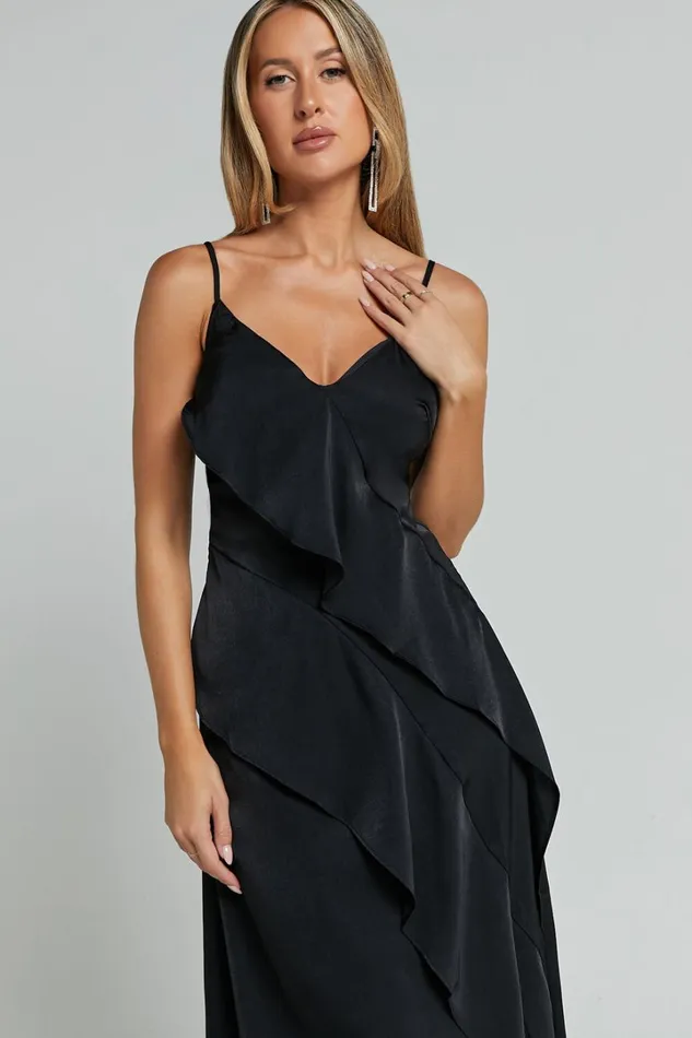 Eileen Midi Dress 8211 V Neck Soft Ruffle Tiered Satin Dress In Black Women Showpo Dresses