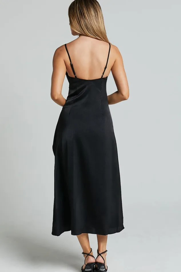 Eileen Midi Dress 8211 V Neck Soft Ruffle Tiered Satin Dress In Black Women Showpo Dresses