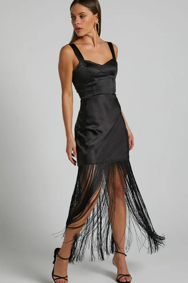 Eiren Midi Dress 8211 Corset Bodice Fringe Detail Dress In Black Women Showpo Dresses Eiren Midi Dress 8211 Corset Bodice Fringe Detail Dress In Black Women Showpo Dresses