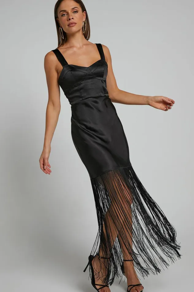 Eiren Midi Dress 8211 Corset Bodice Fringe Detail Dress In Black Women Showpo Dresses Eiren Midi Dress 8211 Corset Bodice Fringe Detail Dress In Black Women Showpo Dresses