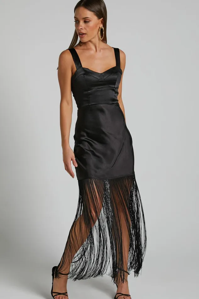 Eiren Midi Dress 8211 Corset Bodice Fringe Detail Dress In Black Women Showpo Dresses Eiren Midi Dress 8211 Corset Bodice Fringe Detail Dress In Black Women Showpo Dresses