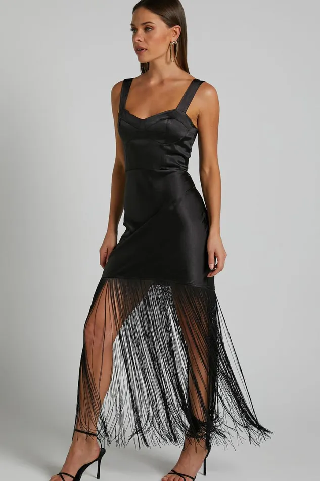 Eiren Midi Dress 8211 Corset Bodice Fringe Detail Dress In Black Women Showpo Dresses Eiren Midi Dress 8211 Corset Bodice Fringe Detail Dress In Black Women Showpo Dresses