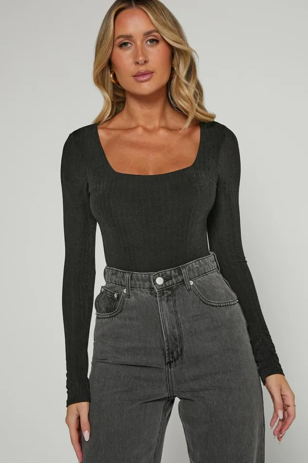 Eleonie Bodysuit 8211 Square Neck Ribbed Bodysuit In Black Women Showpo Basics