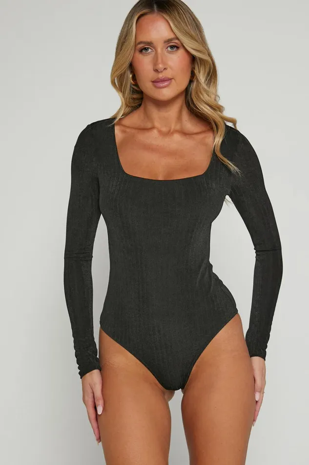 Eleonie Bodysuit 8211 Square Neck Ribbed Bodysuit In Black Women Showpo Basics