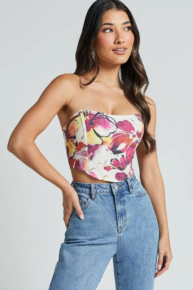 Elizabeth Top 8211 Strapless Corset Crop Top In Dahlia Dusk Floral Women Showpo Tops