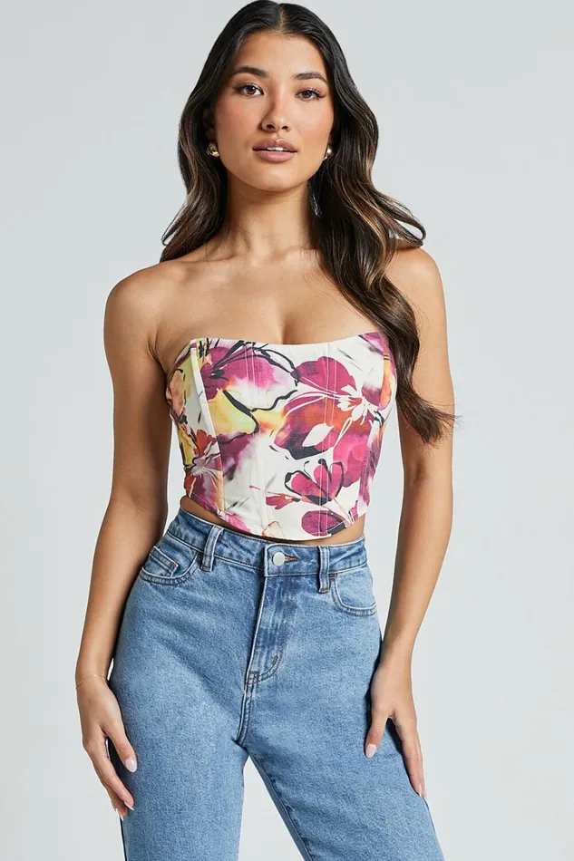 Elizabeth Top 8211 Strapless Corset Crop Top In Dahlia Dusk Floral Women Showpo Tops