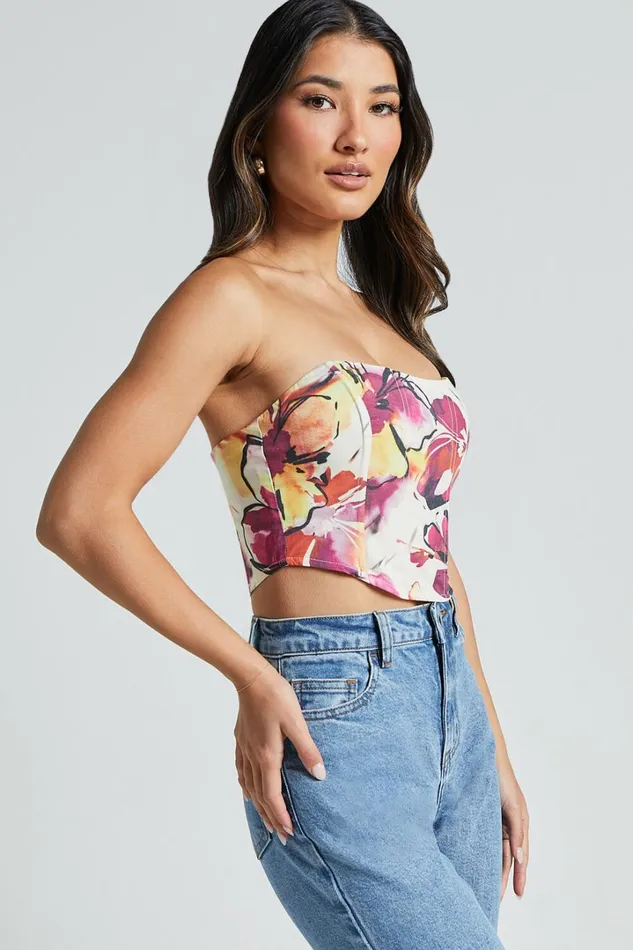 Elizabeth Top 8211 Strapless Corset Crop Top In Dahlia Dusk Floral Women Showpo Tops
