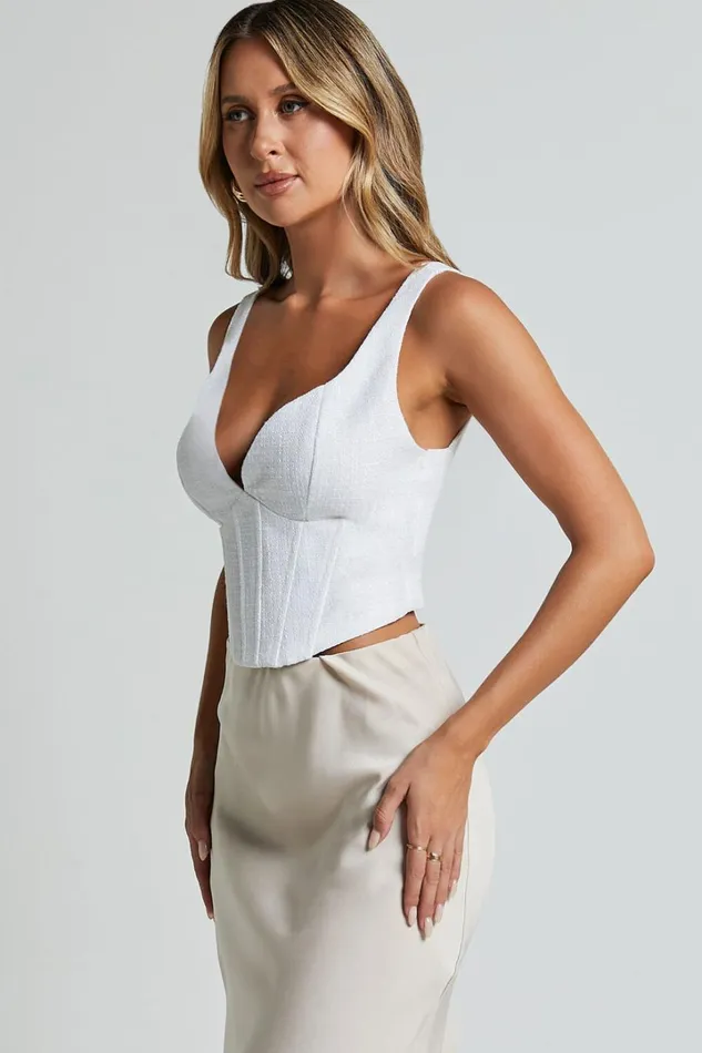 Ellise Top 8211 Plunge Sweetheart Neck Tweed Corset Top In White Women Showpo Tops