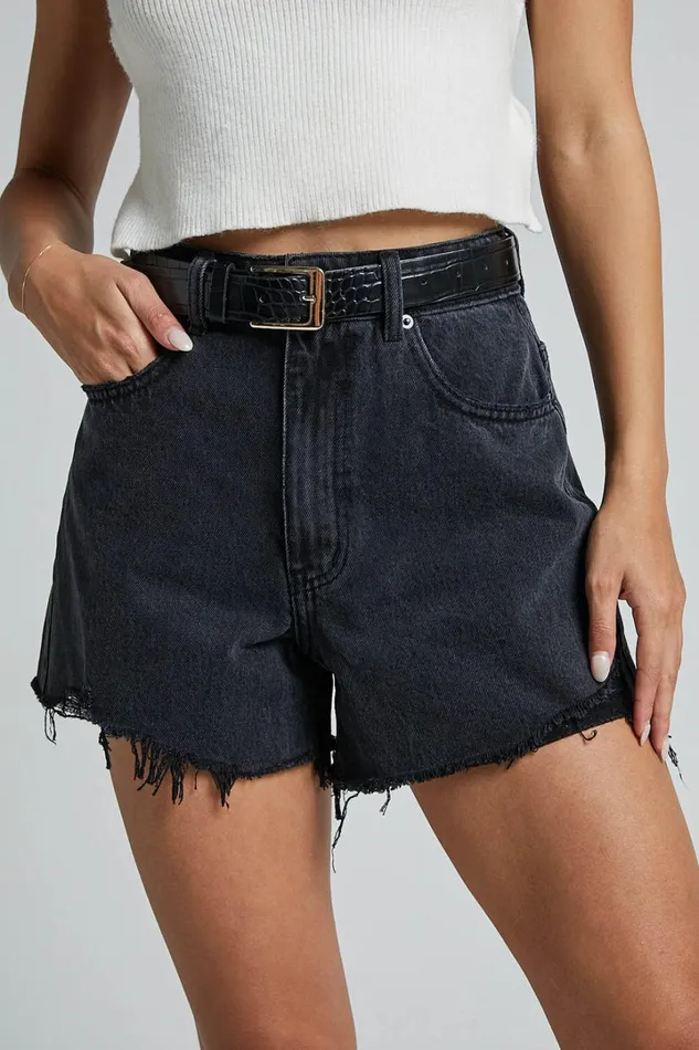 Eloisa Shorts 8211 Recycled Cotton Raw Hem Denim Shorts In Black Wash Women Showpo Denim