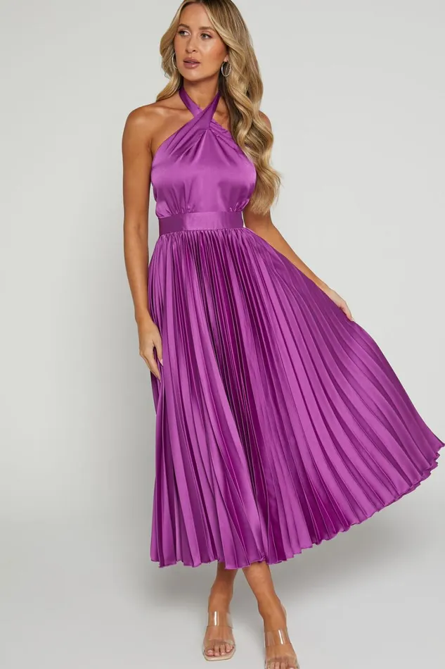 Eloise Midi Dress 8211 Halter Neck Pleated Dress In Grape Women Showpo Dresses