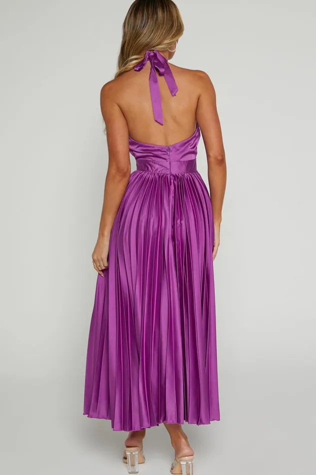 Eloise Midi Dress 8211 Halter Neck Pleated Dress In Grape Women Showpo Dresses