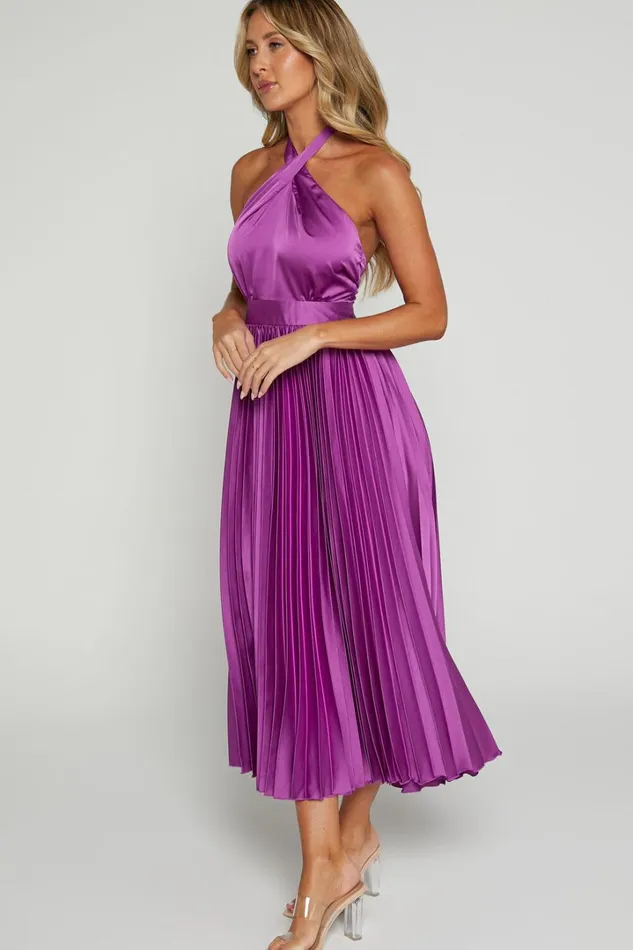 Eloise Midi Dress 8211 Halter Neck Pleated Dress In Grape Women Showpo Dresses